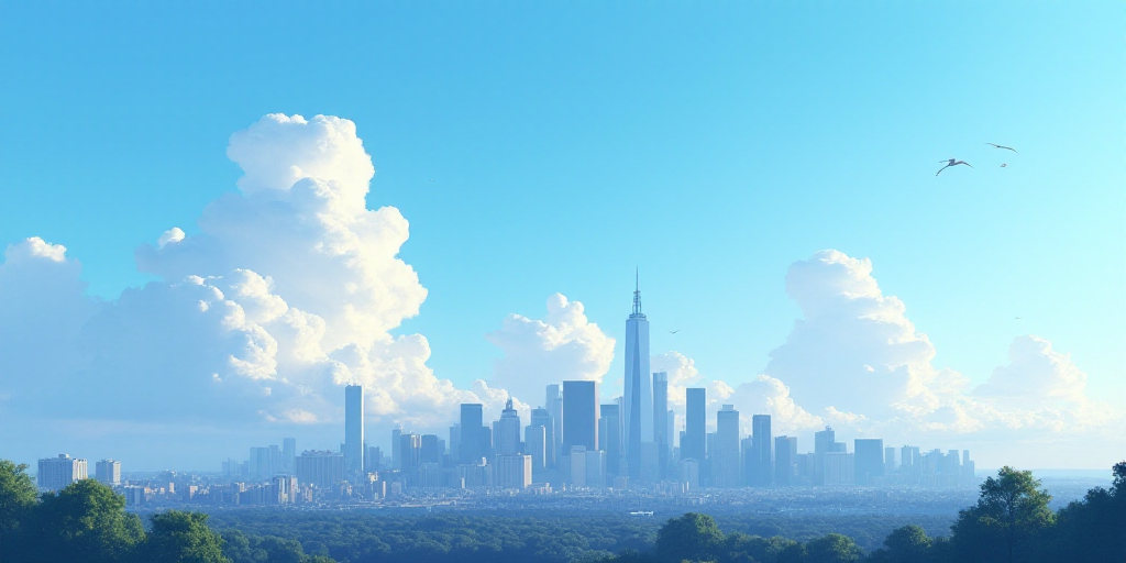 a city skyline with a blue sky and clouds in the background and a few clouds in the sky above, Eddie