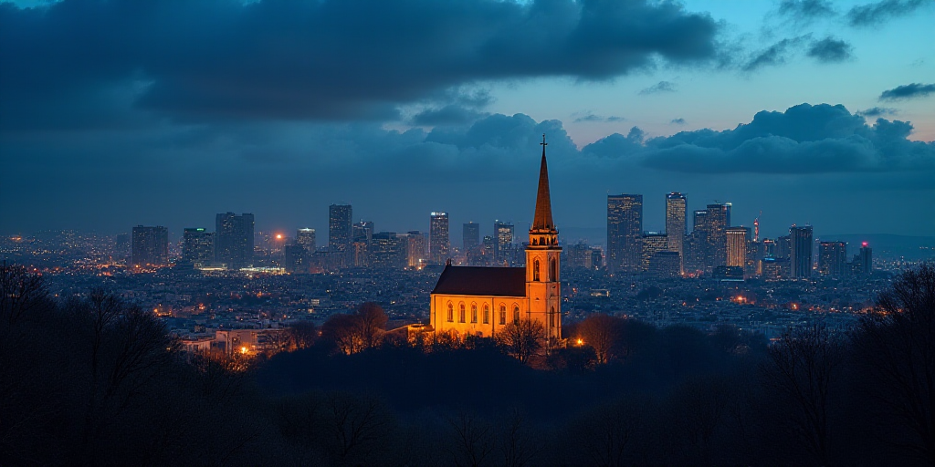 a city skyline with a church lit up at night time with clouds in the sky and buildings lit up, Eddie