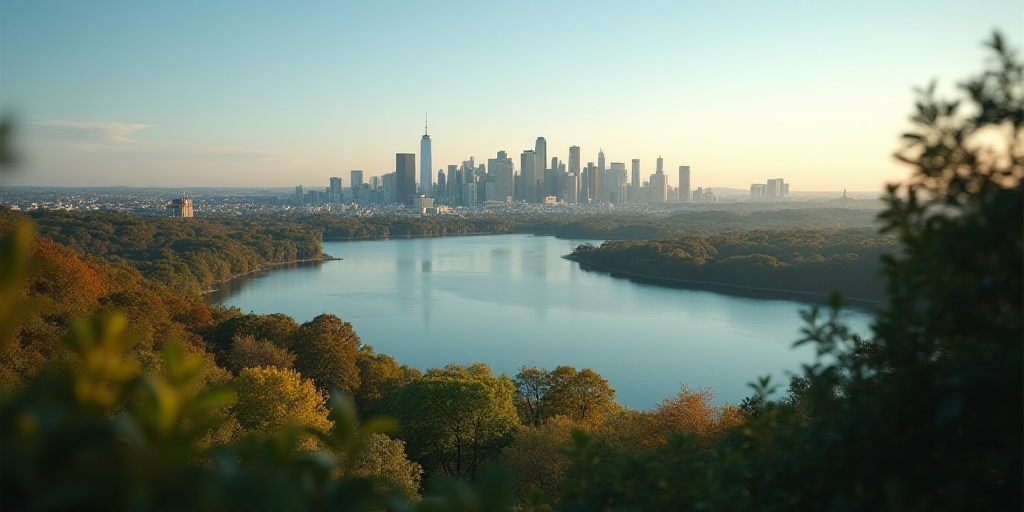 a city skyline with a lake in the foreground and trees in the foreground, and a city in the backgrou