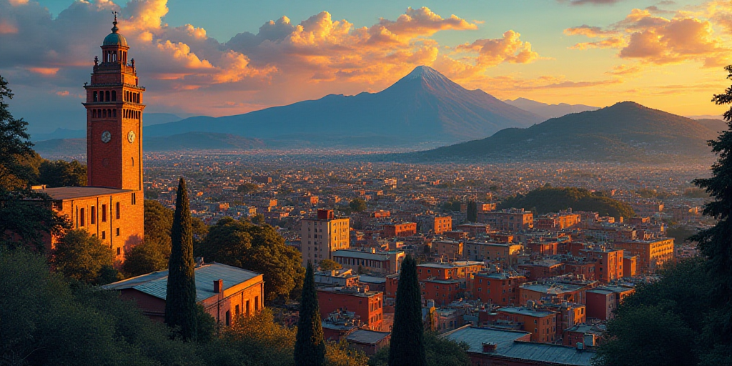 a city skyline with a large building and a tower with a clock at dusk with a view of a mountain, Die