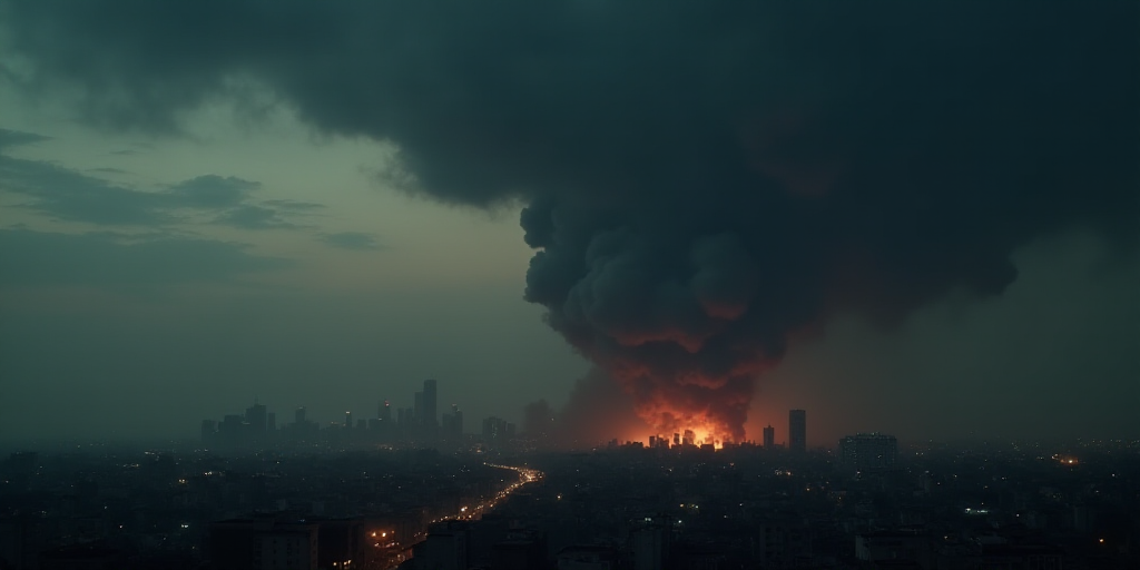 a city skyline with a large plume of smoke in the distance at night time with a dark sky and a dark