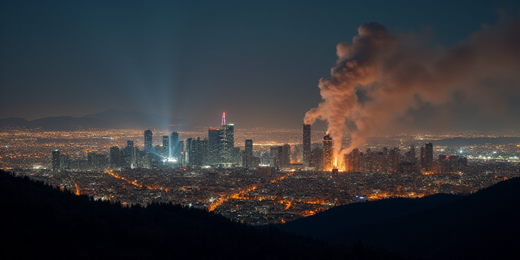 a city skyline with a lot of lights and a lot of smoke coming out of it at night time, Epsylon Point