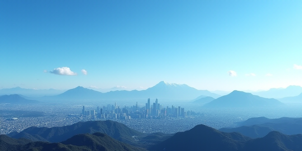 a city skyline with mountains in the background and a blue sky in the foreground with a few clouds,