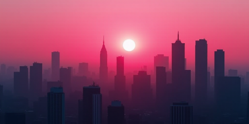 a city skyline with tall buildings and a pink sky in the background at dusk or dawn with a red light