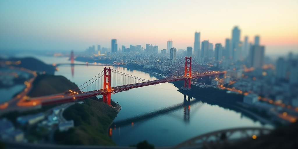 a city with a bridge and a bridge over it with a sky line above it and a city below, Aquirax Uno, bl