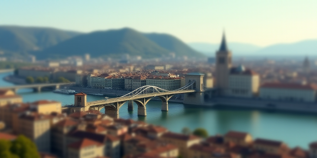 a city with a bridge and a large building on top of it with a hill in the background and a few build