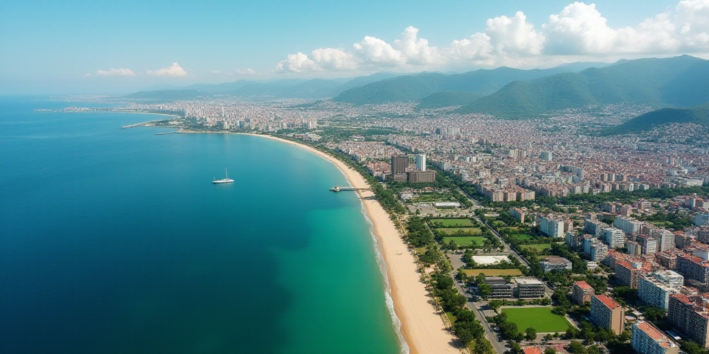 a city with a large body of water next to a beach and a city with a lot of buildings, Aquirax Uno, a