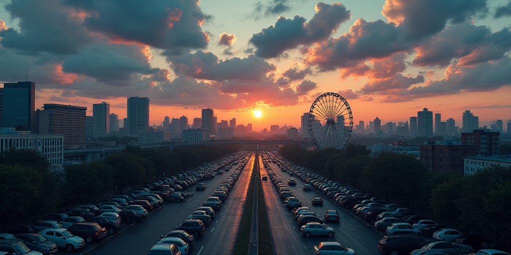 a city with a lot of cars parked in it at dusk time with a sky full of clouds and a ferris wheel, Ed