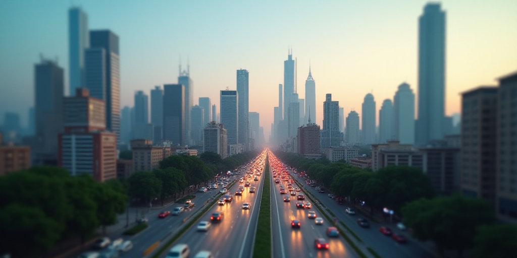 a city with a lot of tall buildings and a street with cars driving down it and a sky line, Eddie Men