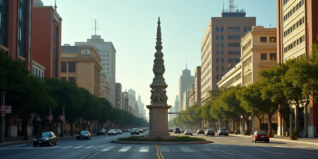 a city with a lot of tall buildings and a statue in the middle of the street with cars driving aroun