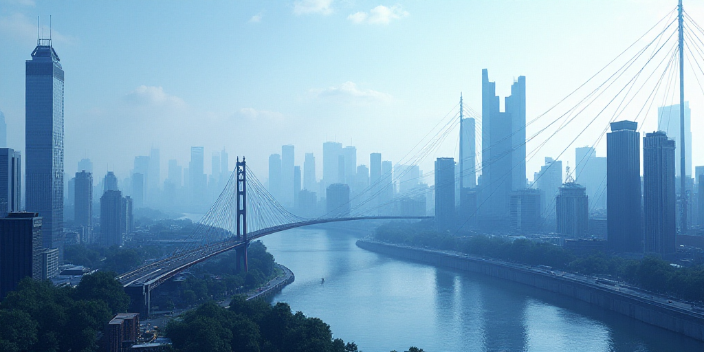 a city with a lot of tall buildings and a river in the background with a blue and white image of a c