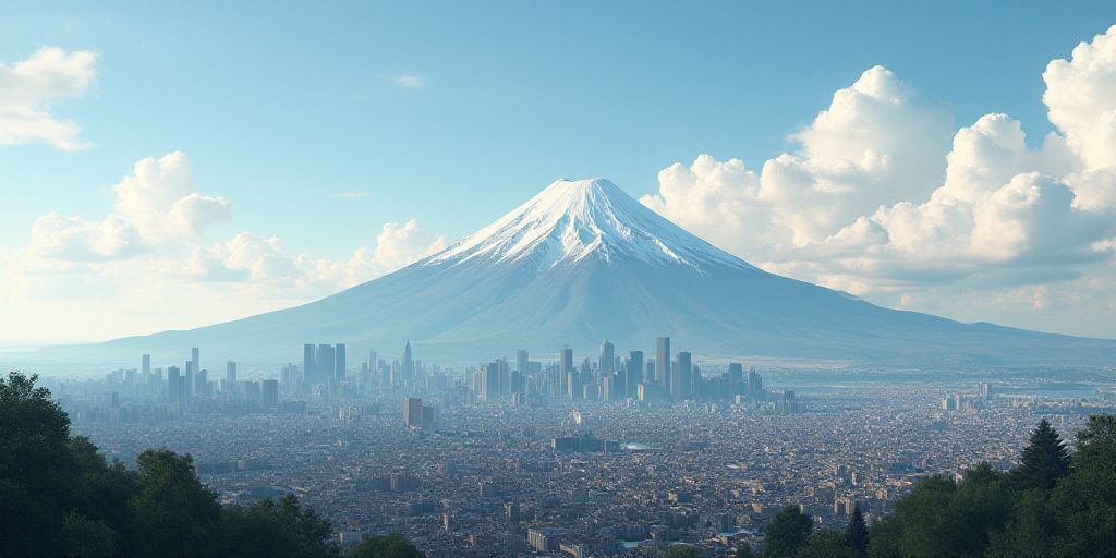 a city with a mountain in the background and clouds in the sky above it, with a cityscape in the for
