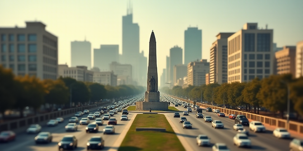 a city with a statue in the middle of it and a lot of cars driving around it in the foreground, Davi