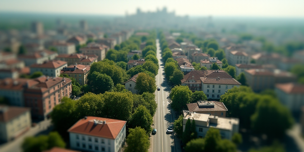 a city with lots of buildings and lots of trees in the middle of it, from above, looking down on a c