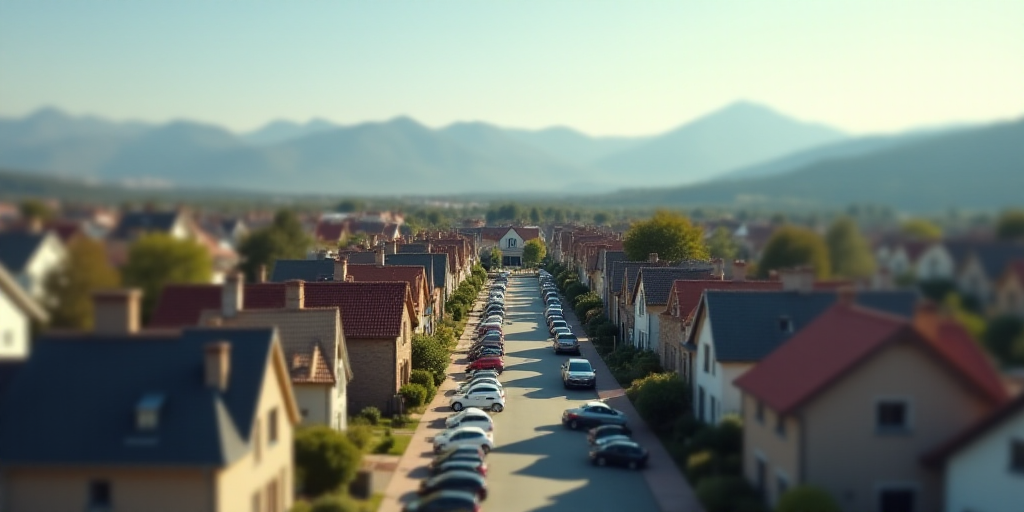 a city with lots of houses and cars parked in front of them and mountains in the background in the d