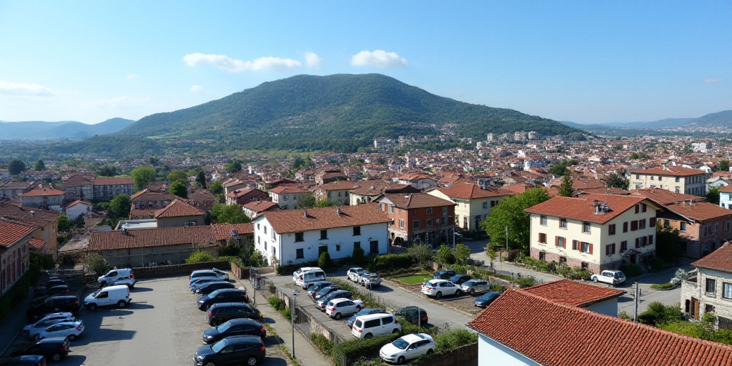 a city with lots of houses and cars parked in the lot and a hill in the background with a blue sky,