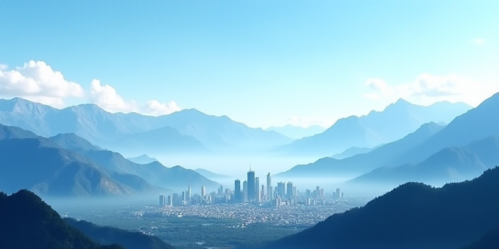 a city with mountains in the background and a blue sky in the foreground with a blue sky and a blue