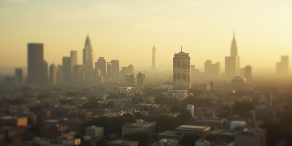 a city with tall buildings and a sky scraper in the background with a hazy sky in the foreground, Da