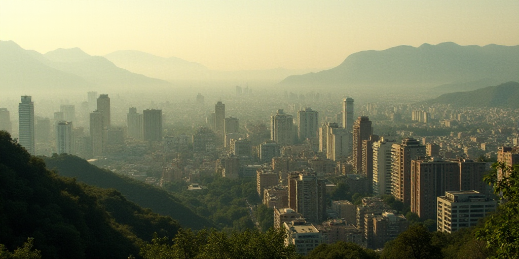 a city with tall buildings and trees in the foreground and a hazy sky in the background with mountai