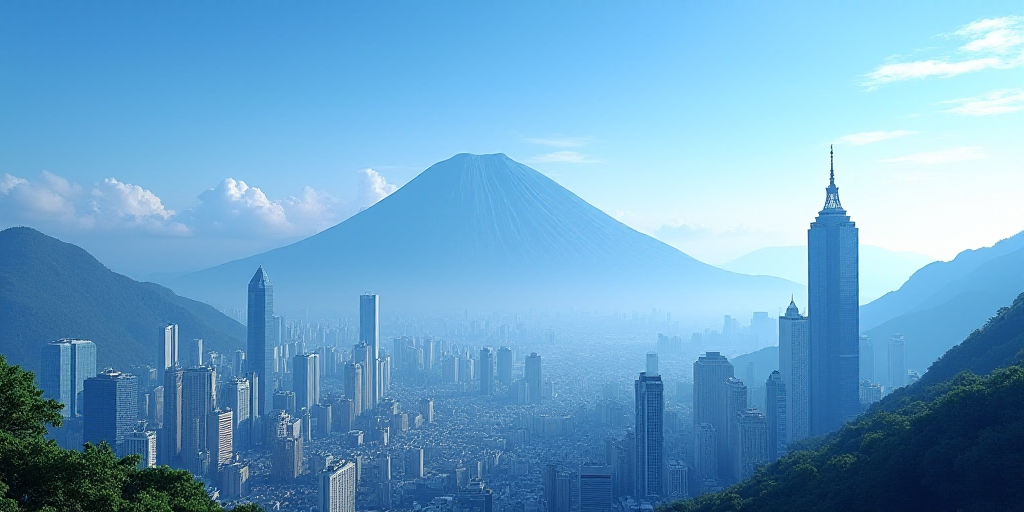 a city with tall buildings and a mountain in the background with a blue sky in the foreground and a