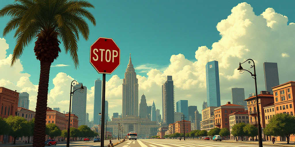 a city with tall buildings and a street sign in front of it with a palm tree in the foreground, Dieg