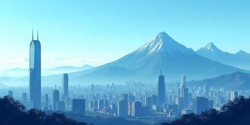 a city with tall buildings and a mountain in the background with a blue sky in the foreground and a