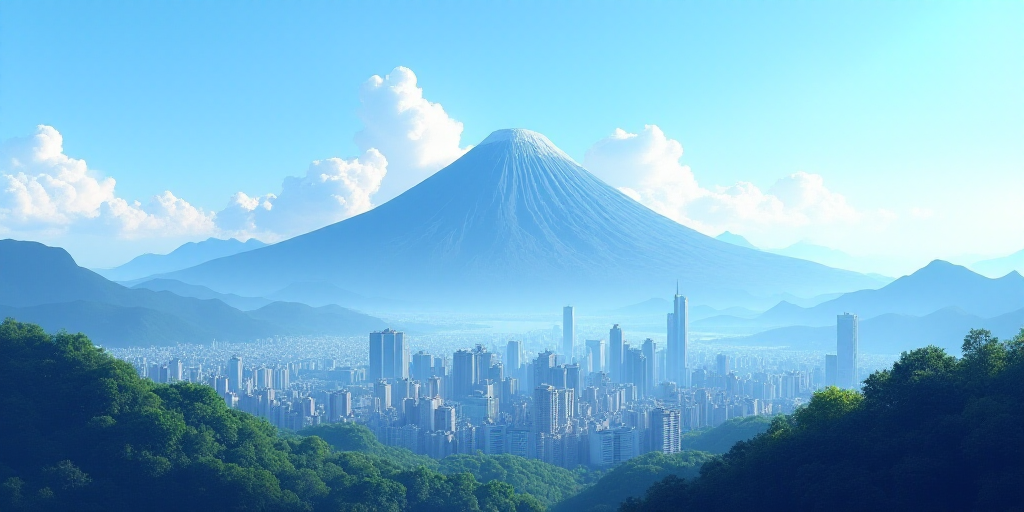 a city with tall buildings and a mountain in the background with a blue sky in the foreground and a