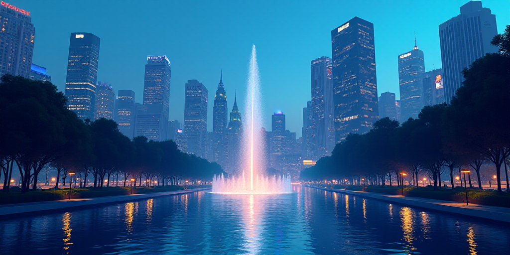 a city with tall buildings and a fountain in the middle of it at dusk time with a blue sky, Eddie Me