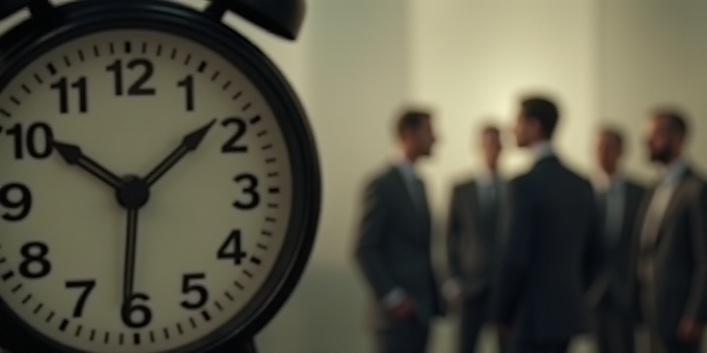 a clock with a group of men in the background with a blurry image of a clock face in the foreground,