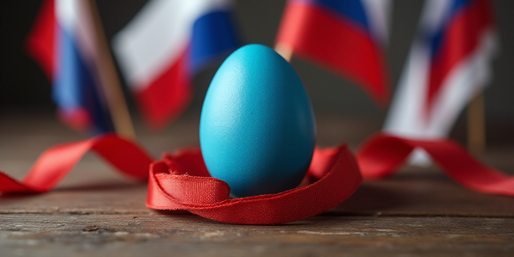 a close up of a blue egg with a red ribbon around it and flags in the background with a blue object