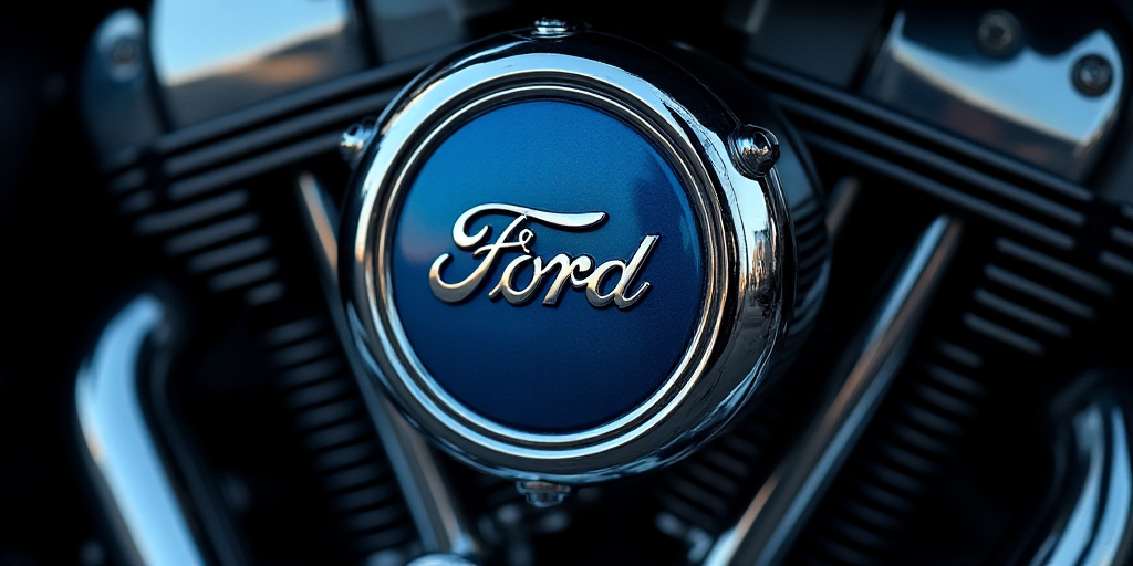 a close up of a blue ford emblem on a motorcycle engine with chrome lettering on it and a black back