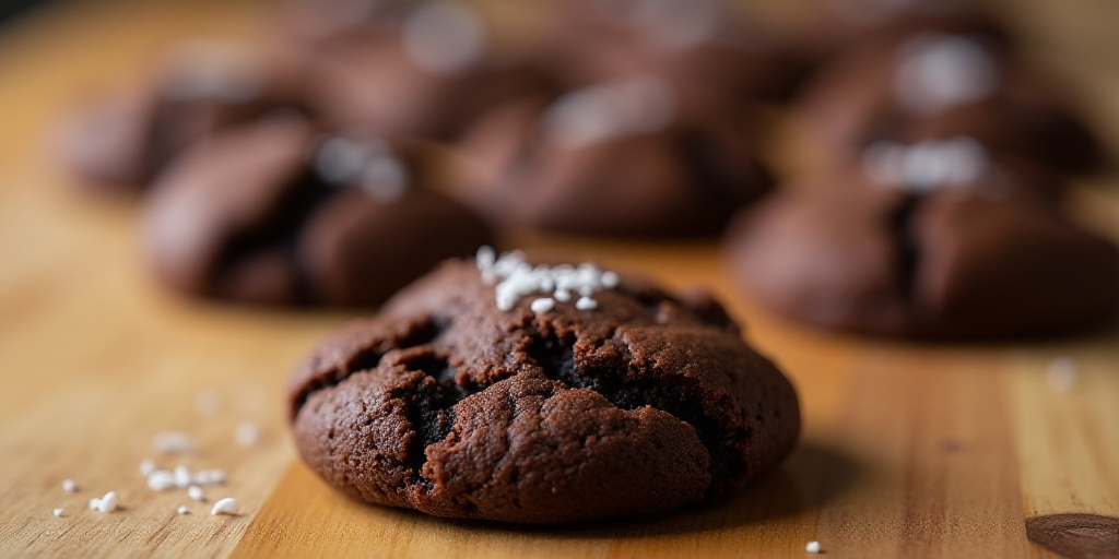 a close up of a chocolate cookie on a wooden surface with other cookies in the background and a few