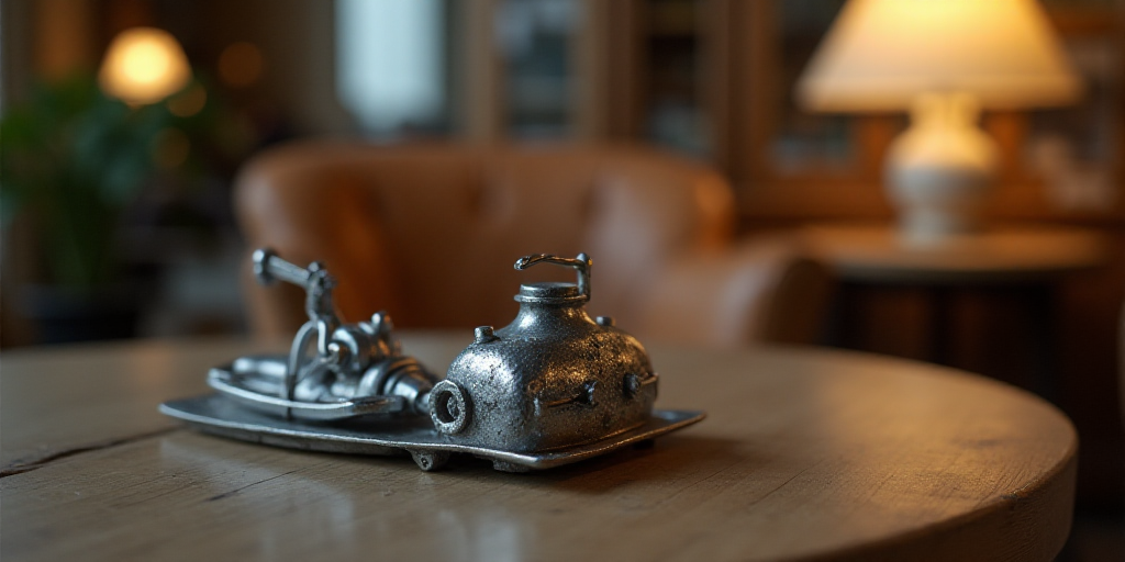 a close up of a metal object with a blurry background of a chair and a table with a lamp, Enguerrand