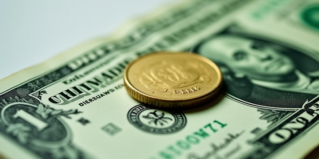 a close up of a one dollar bill with a coin on top of it and a green and white background, Aquirax U