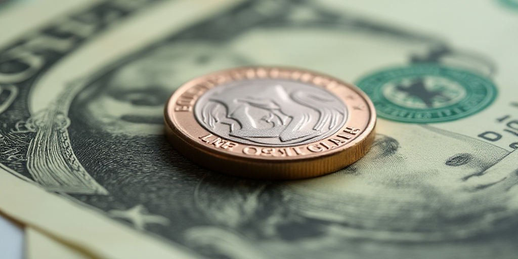 a close up of a one dollar bill with a coin on top of it, with the image of george washington, Benja