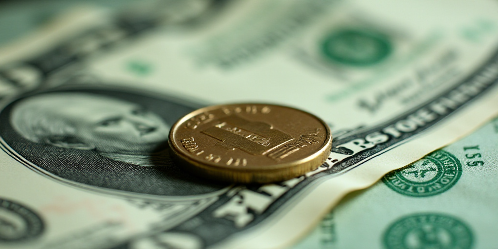 a close up of a one dollar bill with a coin on top of it and a green and white background, Aquirax U