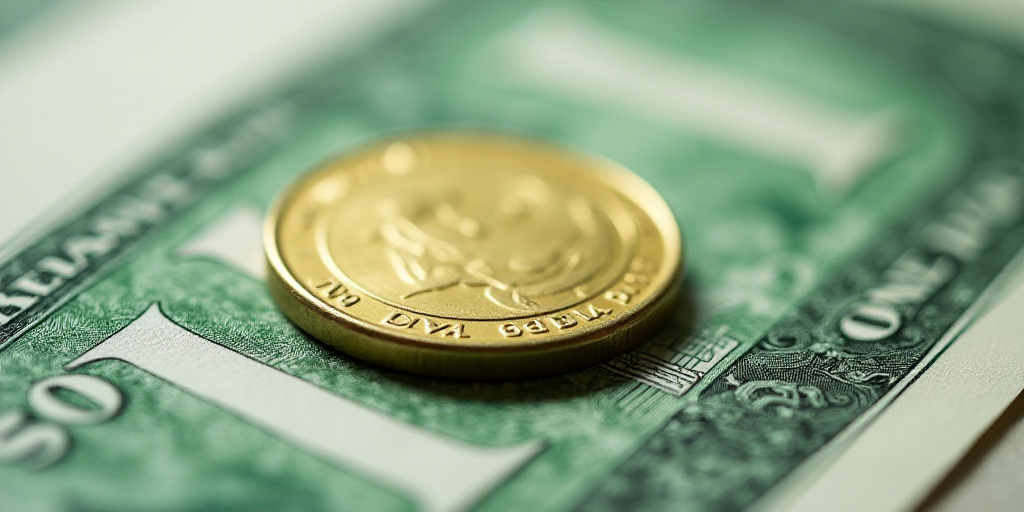 a close up of a one dollar bill with a coin on top of it, with a green and white background, Aquirax