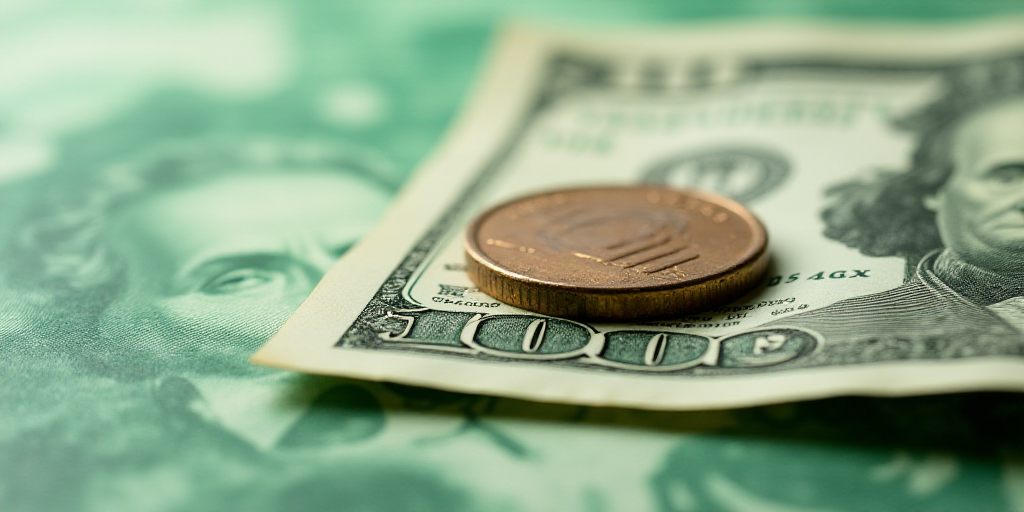 a close up of a one dollar bill with a coin on top of it and a green and white background, Aquirax U