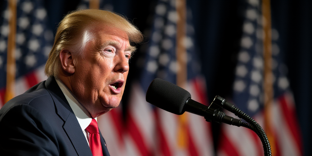 a close up of a person speaking into a microphone in front of flags and a microphone stand with a mi