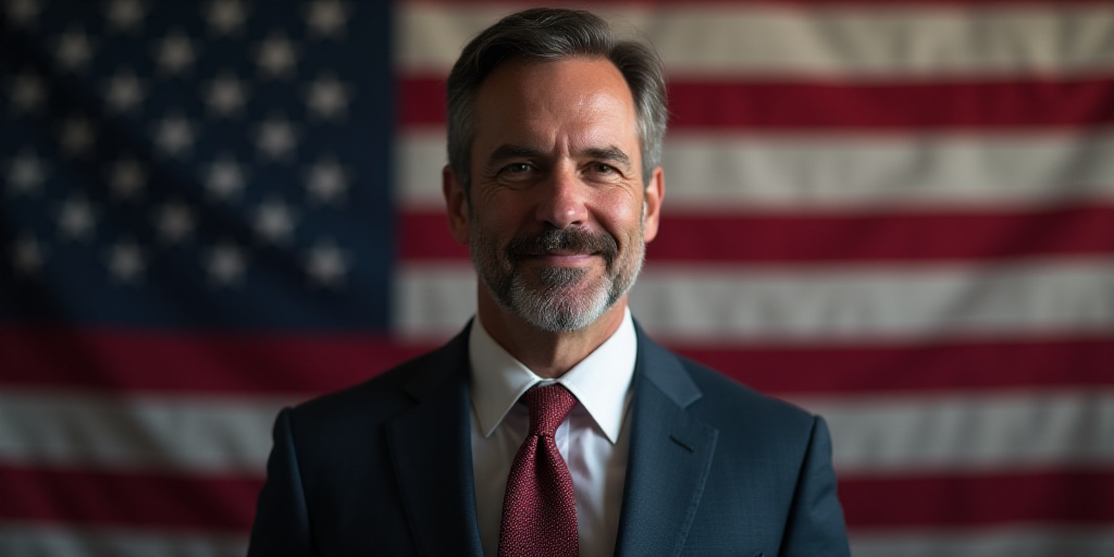 a close up of a person wearing a suit and tie with an american flag in the background and a person i
