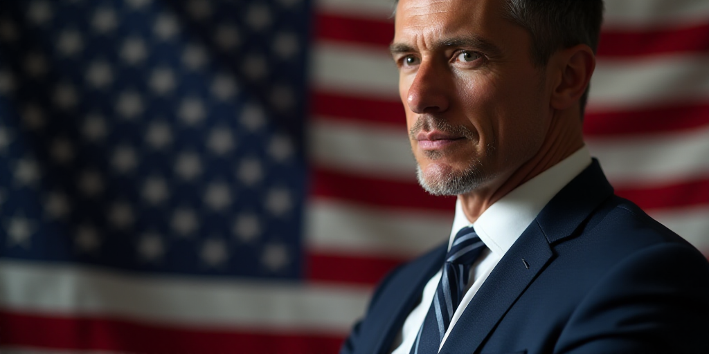 a close up of a person wearing a suit and tie with an american flag in the background and a person i
