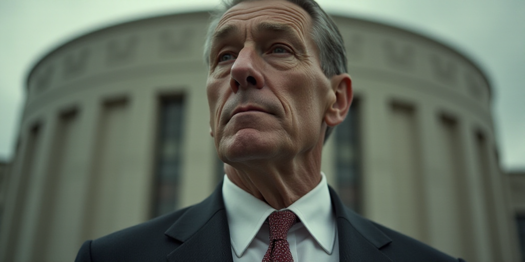 a close up of a person wearing a suit and tie with a building in the background and a circular windo