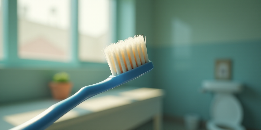 a close up of a toothbrush with a blurry background of a building and a window in the background, Ak