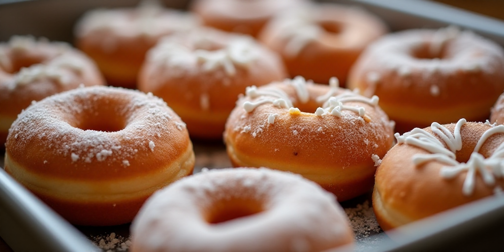 a close up of a tray of doughnuts with sugar on them and sprinkled with icing, Eve Disher, professio