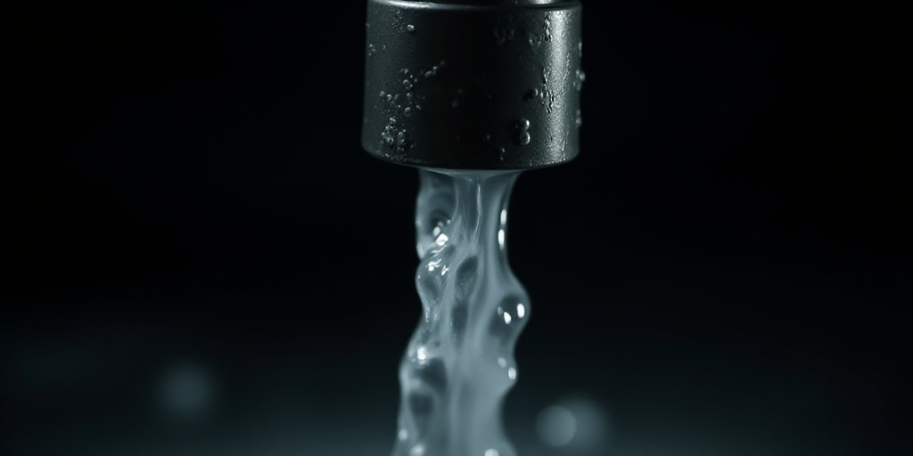 a close up of a water faucet with water running from it's spout and a black background, Andries Stoc