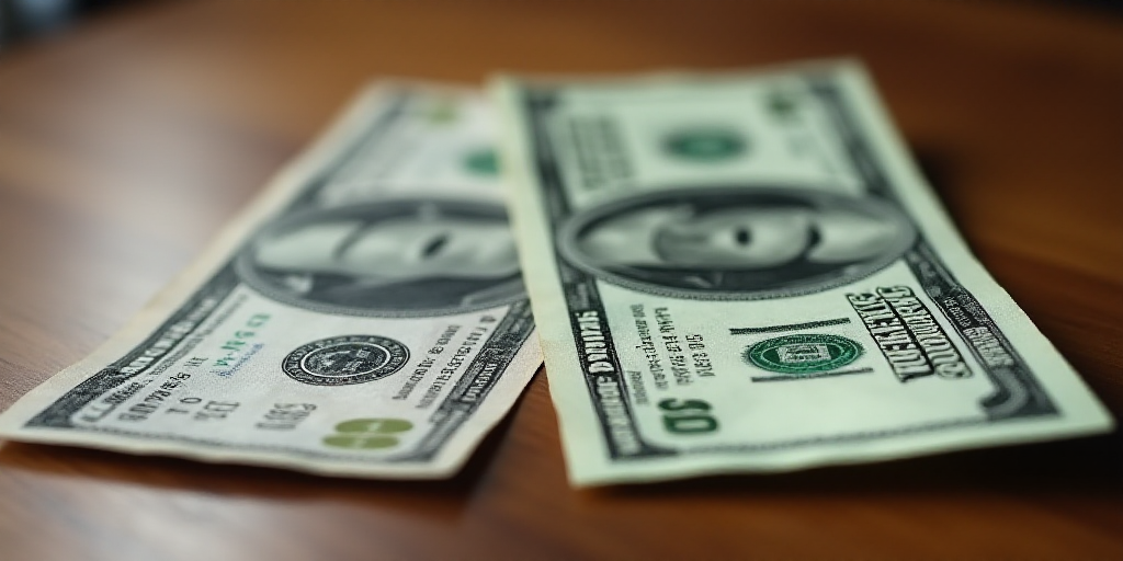 a close up of two different bills on a table with a wooden surface in the background, one of which i