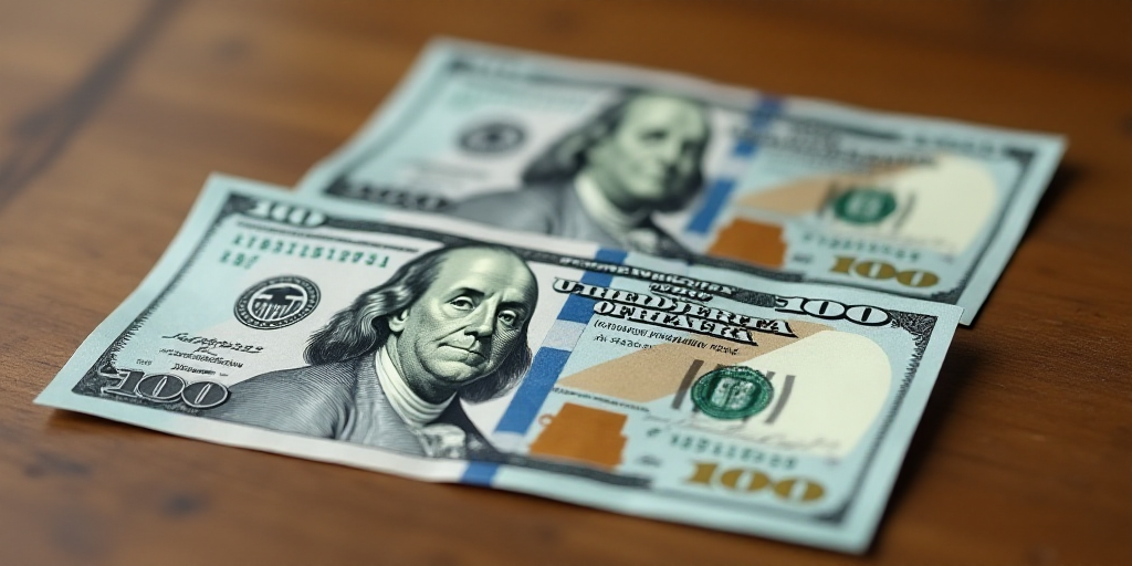 a close up of two different bills on a table with a wooden surface in the background, one of which i