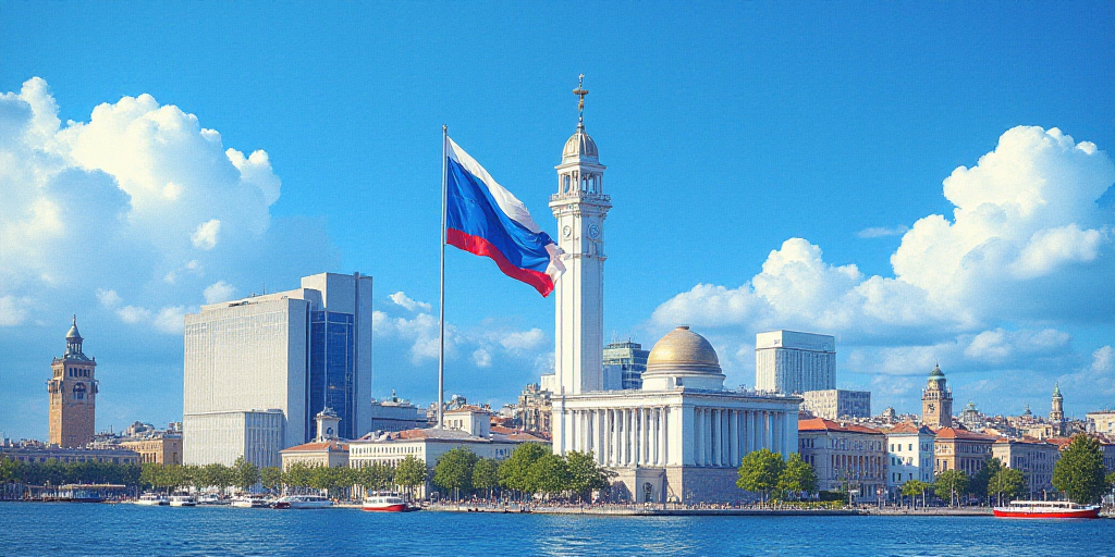 a collage of a city with a blue sky and a blue and white flag and a blue and white building, Carlos