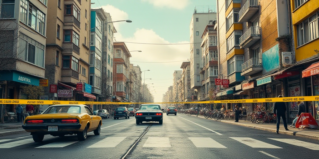 a collage of a city with a camera and a car in the background and a police tape across the street, E