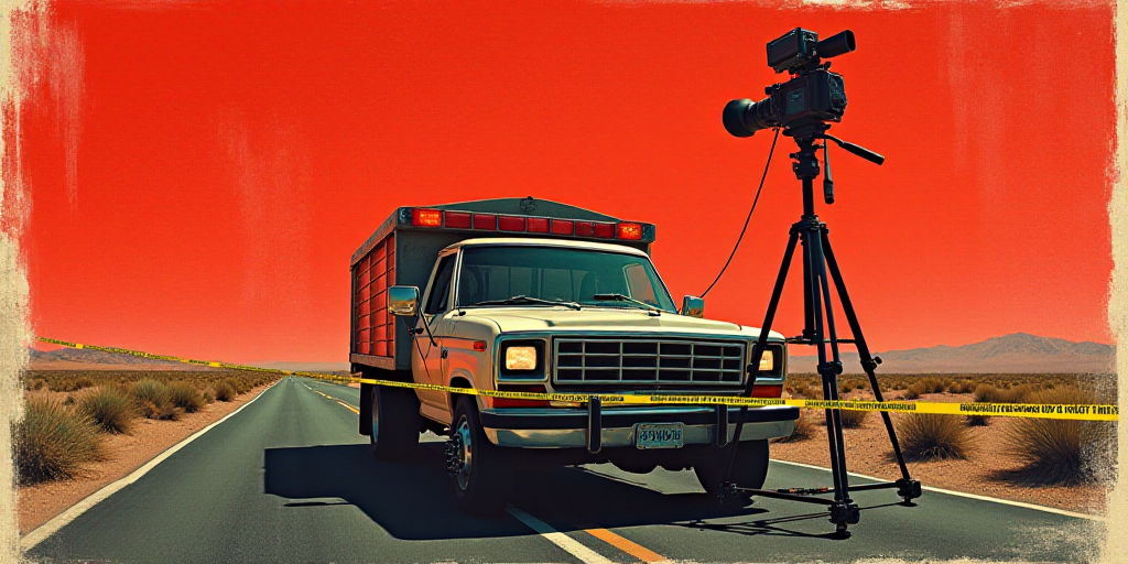 a collage of a map, a camera, and a truck with a red background and a line of police tape, Eddie Men